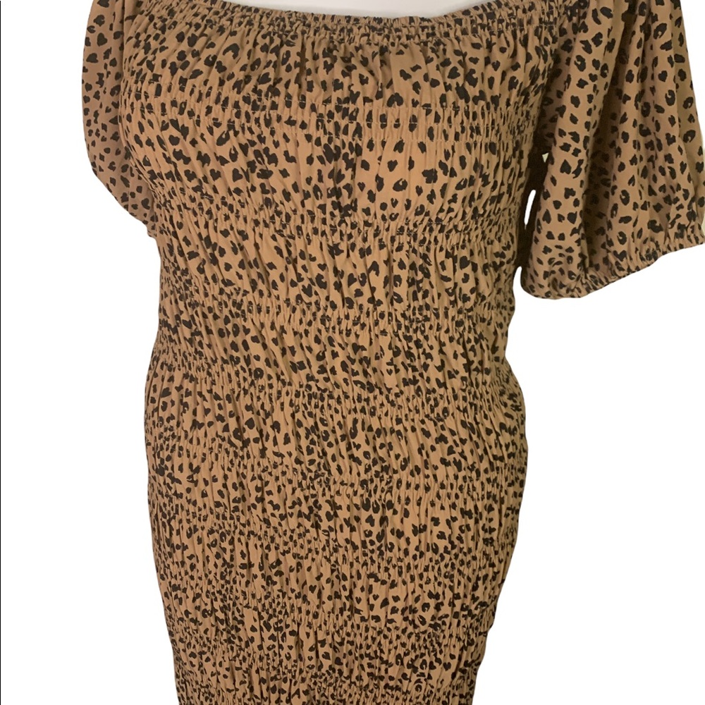 Rebdolls Puff Sleeve Leopard Print Black Brown Elastic Off Shoulder Dress - Picture 5 of 11